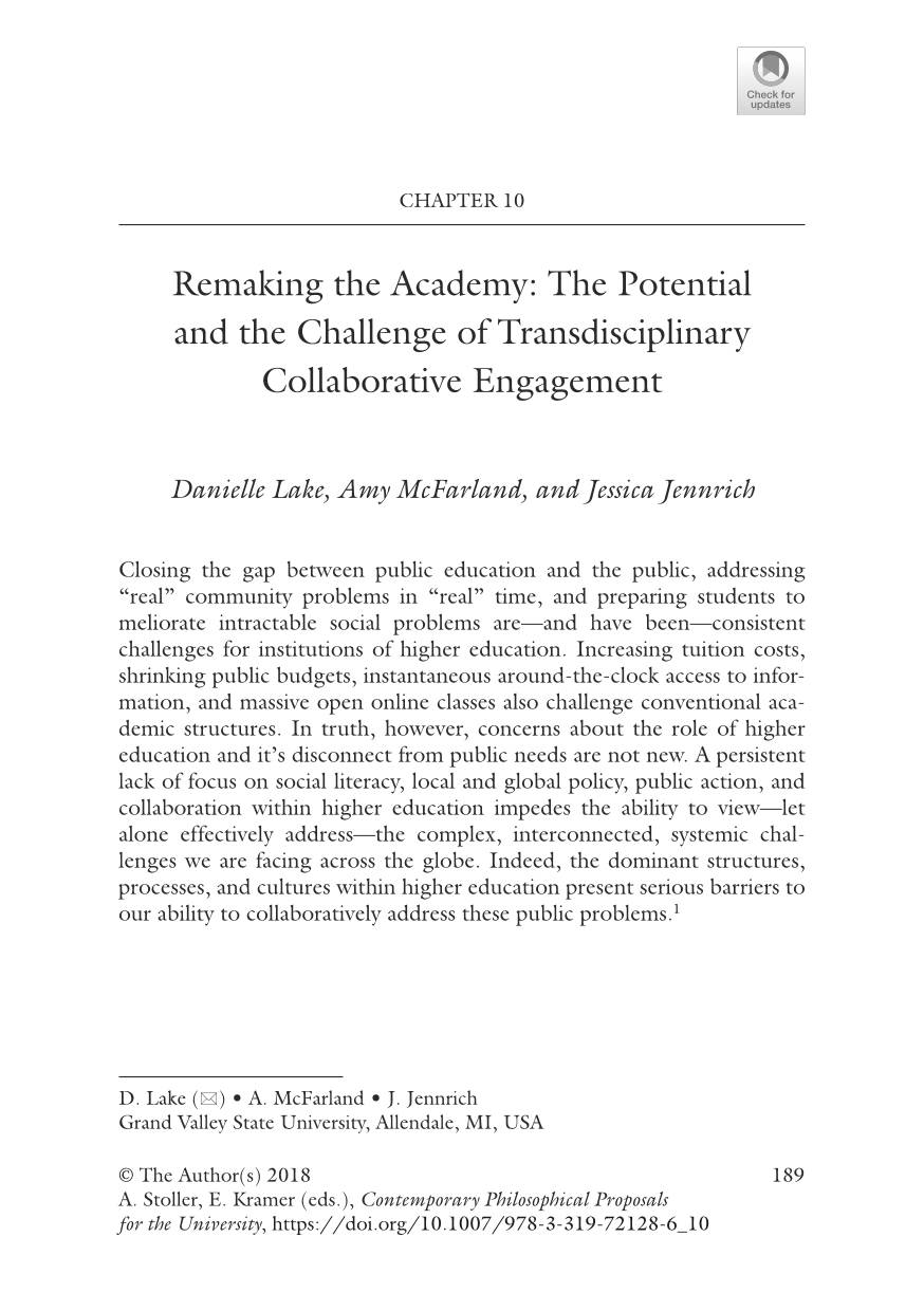 Amy McFarland's publication "Remaking the Academy: The Potential and the Challenge of Transdisciplinary Collaborative Engagement"